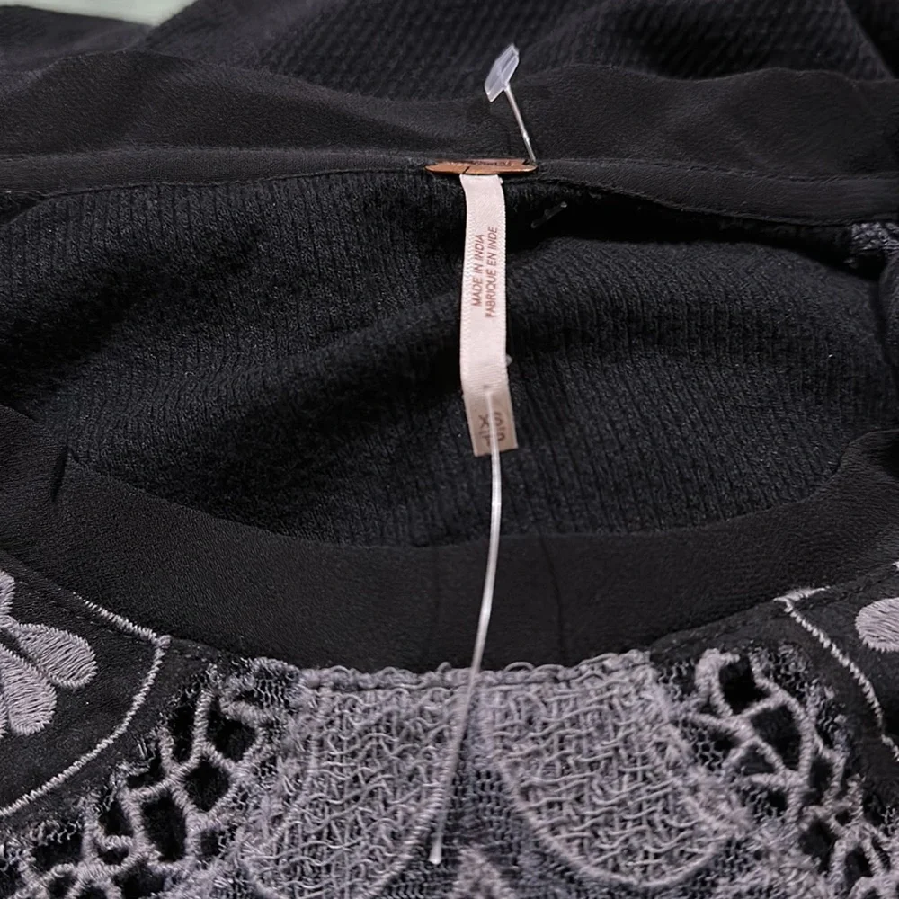 NEW Free People Toni Blouse  Black Mesh  Lace Trim Super Oversized
